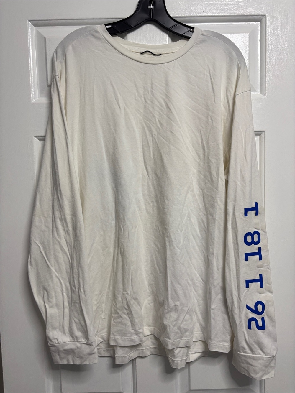 Zara White Long Sleeve Tee with Blue Sleeve Numerals - XL